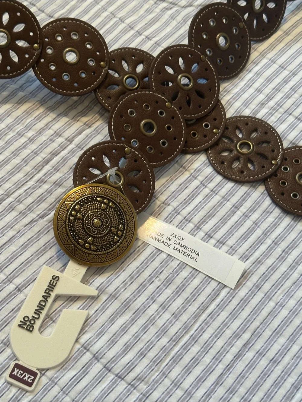 NEW Brown Disc Belt Ornate Bronze Medallion Buckle Plus 2x 3x